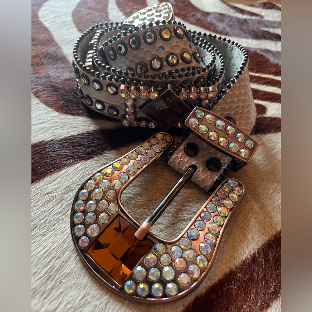 Western Swarovski Crystal Leather Belt with Jeweled and Metal accents Buckle